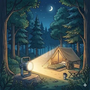 A compact battery-powered search light lighting up a campsite and tent in the forest.