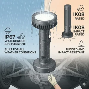 Technical illustration of an automotive flashlight displaying its IP67 waterproof and dustproof ratings.