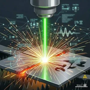 A red laser light laser light beam from a handheld scanner reading a product barcode on packaging in a retail store.