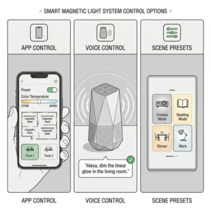A smartphone app interface adjusting the brightness and color temperature of a smart magnetic light system in a room.