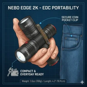 A lifestyle graphic showing the nebo edge 2k clipped to a pocket for EDC portability.
