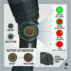 A detailed view of the LED battery life indicator glow on the power button of a nebo rechargeable flashlight.