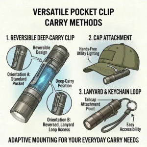 An illustration demonstrating how to attach a pocket flashlight to a pants pocket, baseball cap, or keychain.