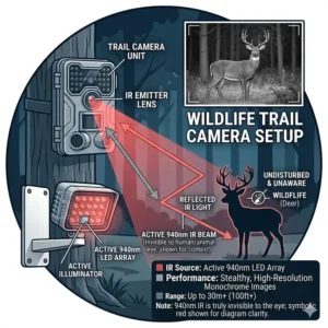An illustration of a stealthy ir illuminator attached to a trail camera, capturing crisp nighttime photos of wildlife without scaring them.