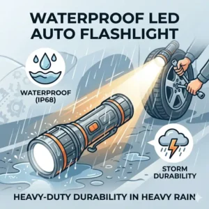 A heavy-duty waterproof auto flashlight being used during a tire change in heavy rain.