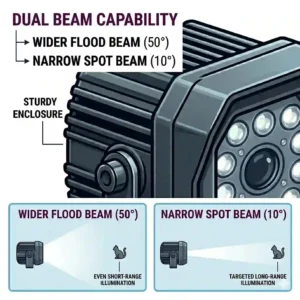 Illustration showing the beam angle and coverage of a wide-angle flood infrared illuminator.