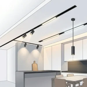 Sleek kitchen island illuminated by a linear magnetic light fixture embedded into a matte black ceiling track.