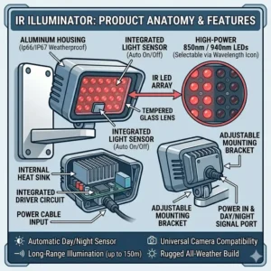 A detailed breakdown illustration showing the aluminum housing, light sensor, and infrared LED array of a modern ir illuminator.