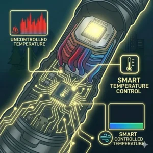 Illustration 6: Demonstration of the nebo 12k adjustable 2x zoom lens transitioning from flood to spot light.
8	Illustration 7: Backlit digital display on the nebo 12k showing real-time battery percentage and light mode.
