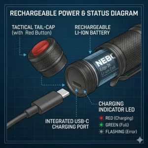 Technical illustration of the USB-C charging port and battery status for the nebo edge 2k.