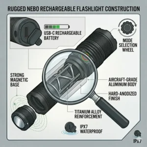 Illustration highlighting the rugged aircraft-grade aluminum construction of a sleek black nebo rechargeable flashlight.