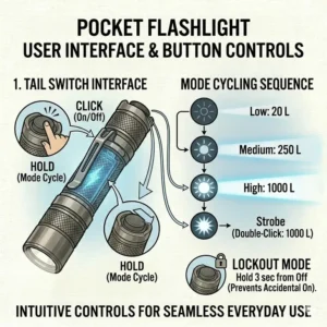 A diagram explaining how to click the tail switch button to cycle through low, medium, high, and strobe modes on a pocket flashlight.
