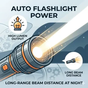 Illustration showing the long-range high-lumen beam of a professional auto flashlight at night.