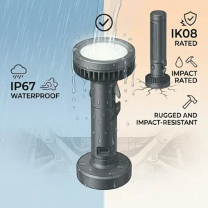A rugged automotive flashlight tested for impact resistance and durability in harsh conditions.