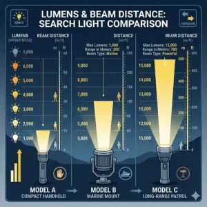 An infographic chart comparing the brightness and beam distance of different search light models.