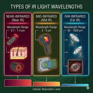 Scientific illustration showing the cellular absorption of IR light to stimulate ATP production in the mitochondria.