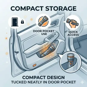 A compact, slim-profile auto flashlight tucked neatly into a vehicle's side door pocket for quick access.
