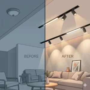 Side by side comparison of a living room before and after installing flexible magnetic light tracks for layered ambient lighting.