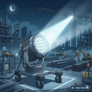 A heavy-duty industrial search light positioned on a large outdoor construction site.