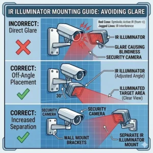 A setup guide illustration demonstrating the ideal mounting height and angle for an auxiliary ir illuminator to avoid camera glare.