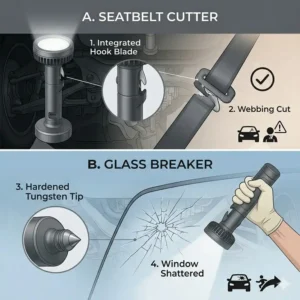 An automotive flashlight featuring an integrated seatbelt cutter and glass breaker for emergency escape.