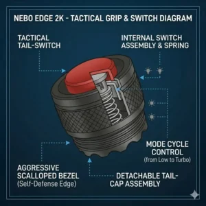 Close-up diagram of the tactical tail-cap switch and ergonomic grip of the nebo edge 2k.