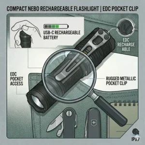 An illustration of a compact nebo rechargeable flashlight with a pocket clip for easy everyday carry.