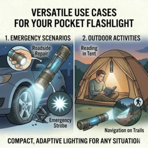 An illustration showing a person using a handy pocket flashlight to change a car tire at night and inside a camping tent.