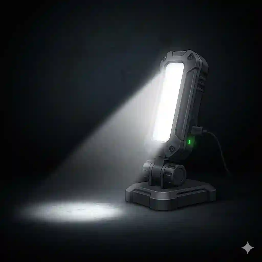 A high-intensity rechargeable LED magnetic work light illuminated on a dark background, highlighting its bright beam and powerful magnet.