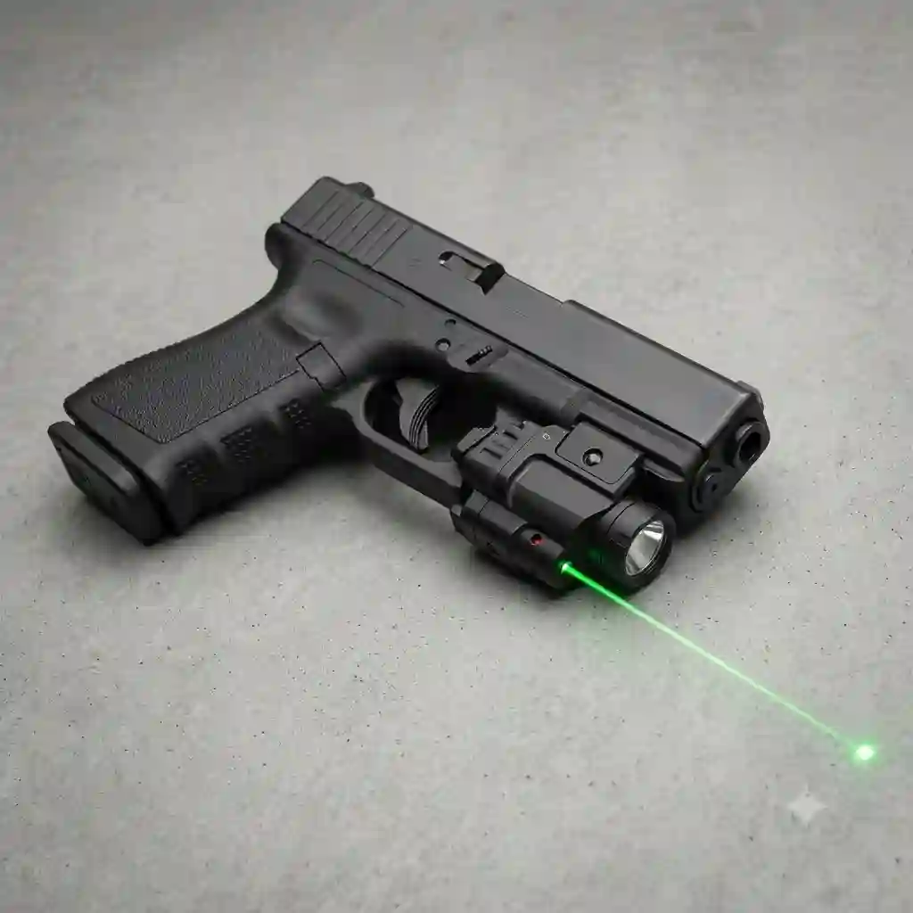 "A professional studio shot of a glock 19 laser light combo mounted on a pistol."