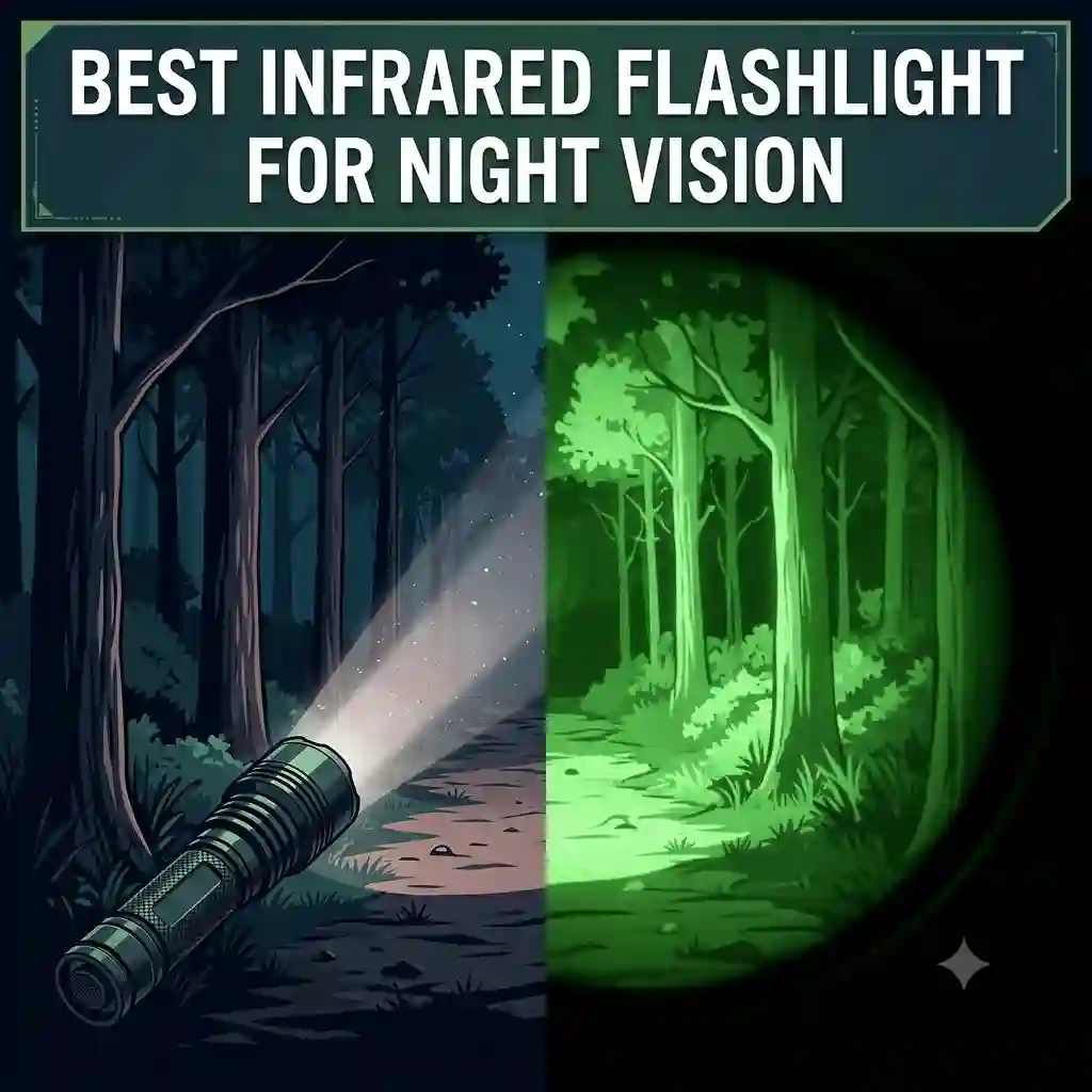 A tactical illustration comparing a dark forest path to a bright green night vision view illuminated by an infrared flashlight.