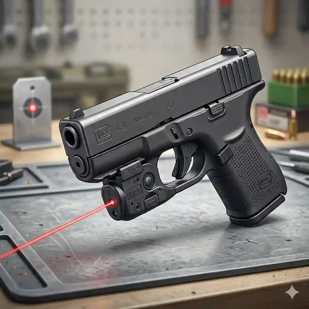 A close-up shot of a subcompact Glock 43 pistol equipped with an aftermarket rail adapter and a rail-mounted laser sight accessory.