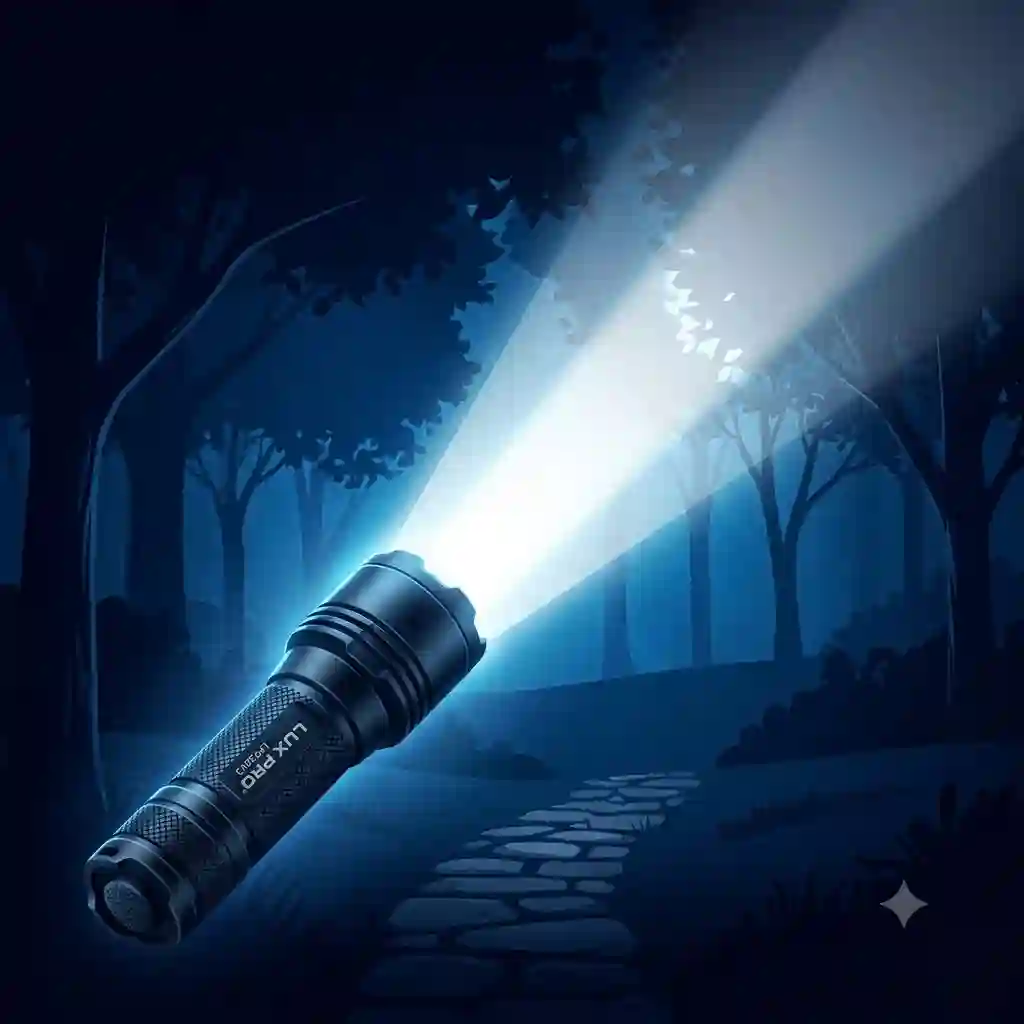 A premium lux pro flashlight tactical LED model emitting a powerful bright beam of light into the dark night sky.