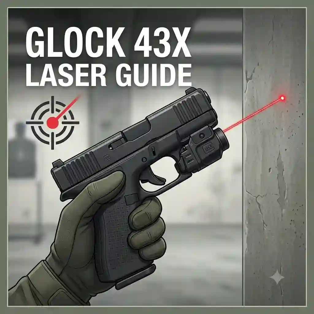 A Glock 43x pistol equipped with a compact red laser sight mounted on the under-barrel rail.