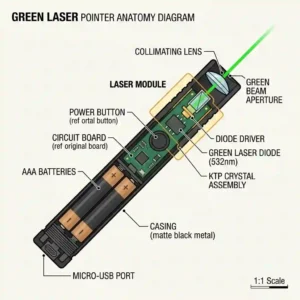 A labeled diagram illustrating the internal anatomy, including the diode and lens, of professional green laser pointers.