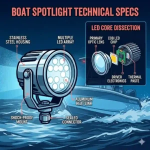 A detailed illustration breaking down the anatomy of a waterproof LED boat spotlight, highlighting the lens, housing, and mount.
