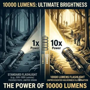 Infographic comparing the brightness and power of a standard LED model against a professional flashlight with 10000 lumens.