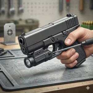 A detailed illustration focusing on a red laser sight securely mounted to the trigger guard of a Glock 43 subcompact handgun.