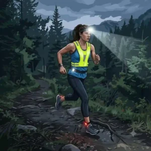 A close-up editorial illustration highlighting a powerful LED headlamp providing effective lighting for runners on a dark forest path.