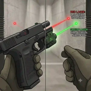 A side-by-side comparison illustrating a green and a red laser for a glock.