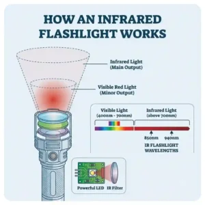 An infographic diagram titled "HOW AN INFRARED FLASHLIGHT WORKS" showing wavelengths and spectrum data.