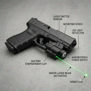 "A detailed diagram showing the main components of a glock 19 laser light attachment."