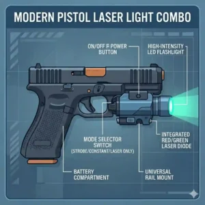 An illustrated diagram showing the key features of a modern laser light combo, highlighting the toggle switch, battery compartment, and LED lens.