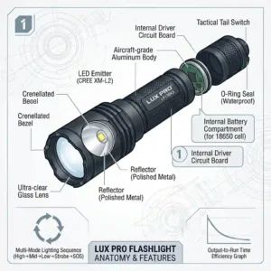 An illustrated diagram detailing the anatomy of a lux pro flashlight, highlighting its aircraft-grade aluminum body and tactical tail switch.