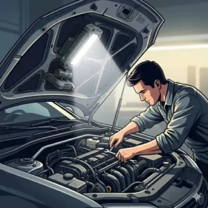 Illustration of an LED magnetic work light snapped onto an open car hood, illuminating the engine bay for a mechanic during repairs.