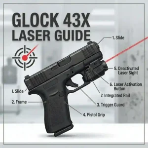 Diagram highlighting the key components of a green laser sight attached to a Glock 43X handgun.