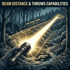 An illustrative diagram showcasing the long-range beam throw and wide flood capabilities of a professional flashlight with 10000 lumens.