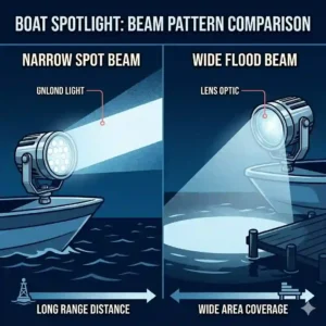 A visualization comparing a wide flood beam versus a long-range narrow beam from a boat spotlight.