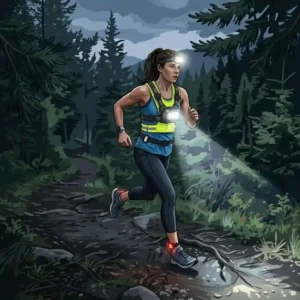A dynamic action portrait showcasing a robust chest-mounted lighting for runners device that casts a broad beam ahead.
