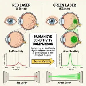 A side-by-side visual comparison demonstrating why green laser pointers are significantly more visible to the human eye than red lasers.